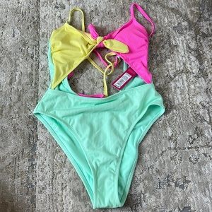 Xhilaration One Piece Swimsuit Juniors Ribbed Colorblock Tie-Front